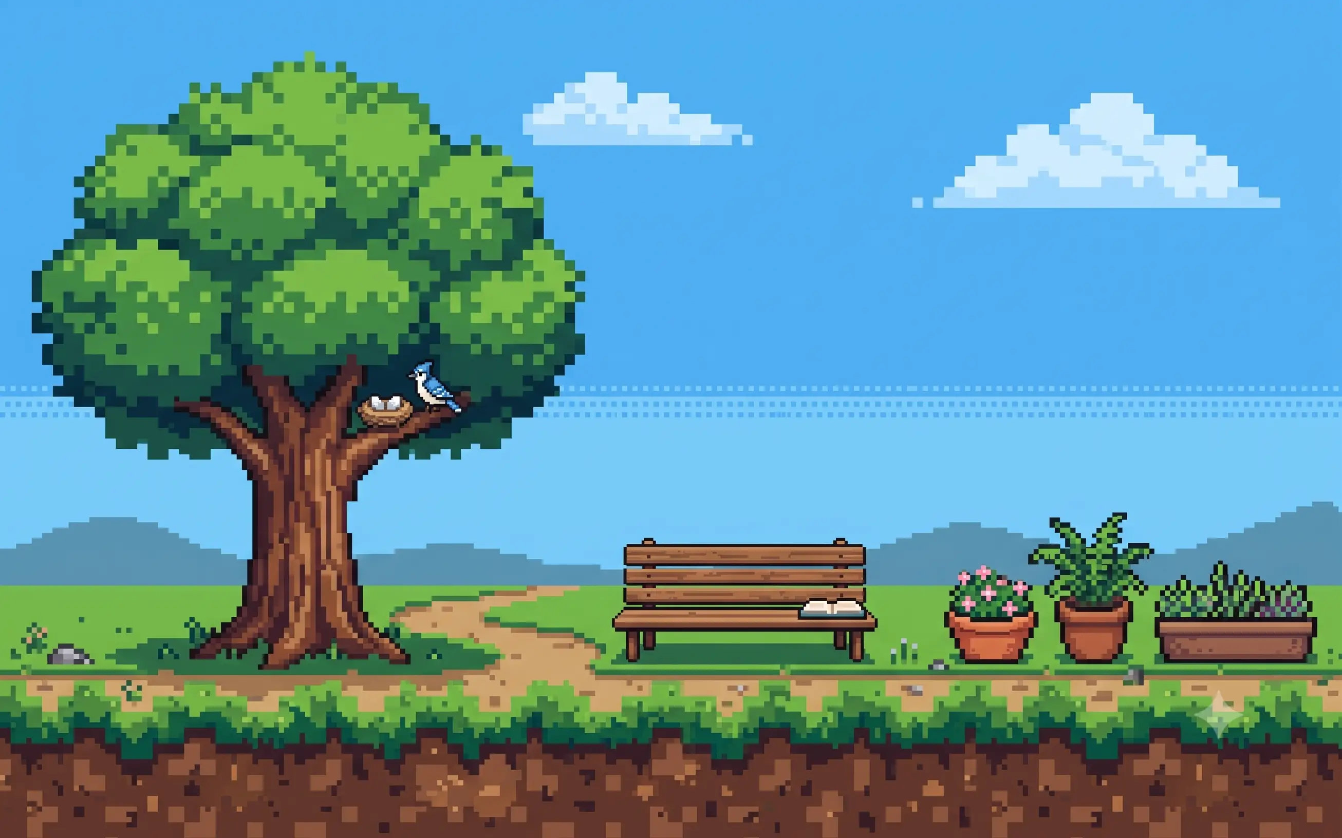 Pixel-art garden with a tree, a bench, and a bird — the digital garden this site is built around